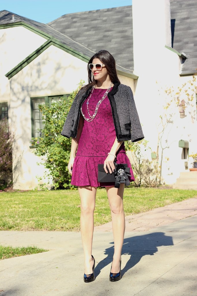 Tweed + Lace, Laura Lily, drop waist dress, tweed cropped jacket, office style, LA Fashion Blogger