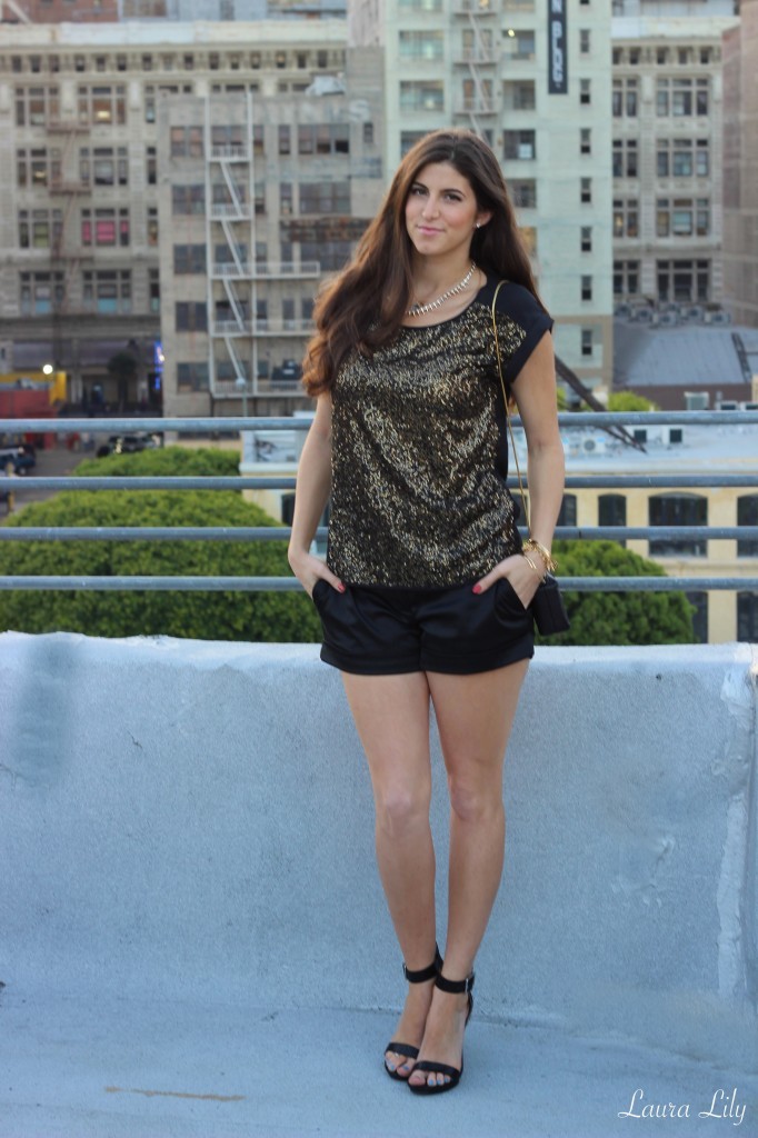 Champagne and Shopping Event, Downtown los angeles, la fashion blogger, bri seely, laura yazdi, laura lily, sequin top, gold spike necklace, black silk shorts, street style,Linden CA, Bri Seeley 