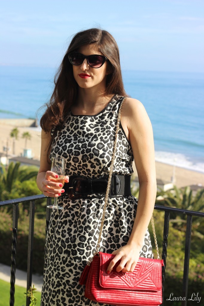 bar iii dress, leopard dress, bel air bay club, laura lily, fashion blogger, los angeles fashion blogger, leopard dress, black and white leopard dress, foreign exchange red clutch, prabal gurung for target strappy heels, soolip wedding event,  