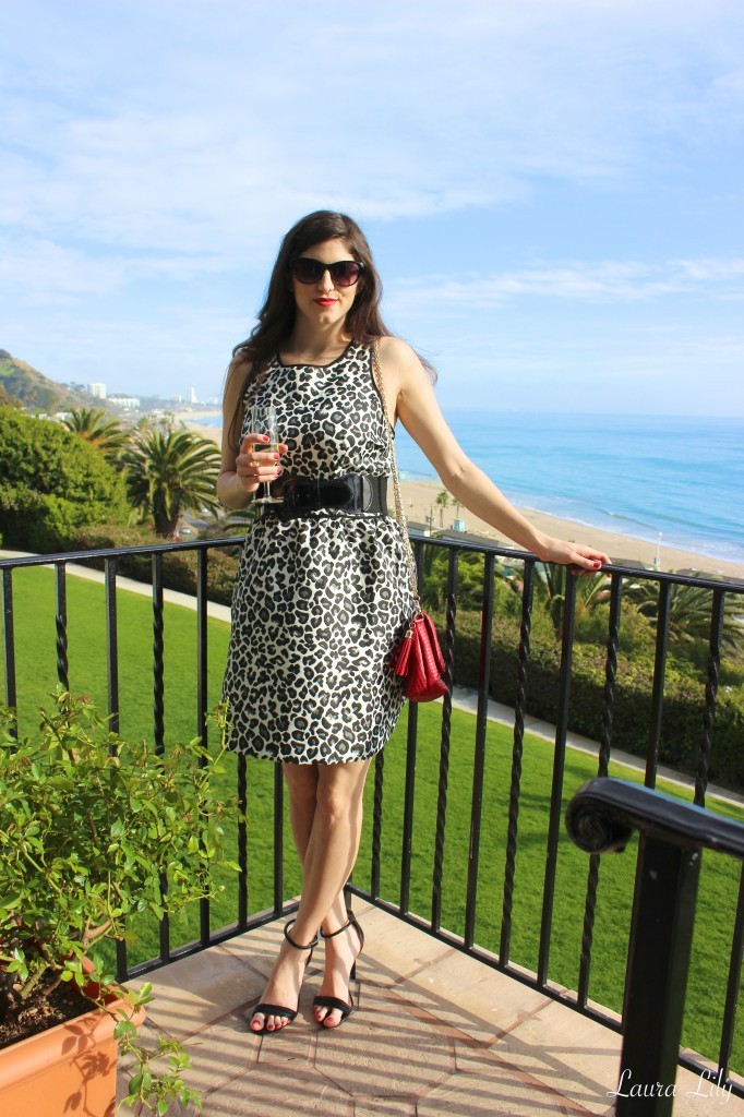 bar iii dress, leopard dress, bel air bay club, laura lily, fashion blogger, los angeles fashion blogger, leopard dress, black and white leopard dress, foreign exchange red clutch, prabal gurung for target strappy heels, soolip wedding event,  