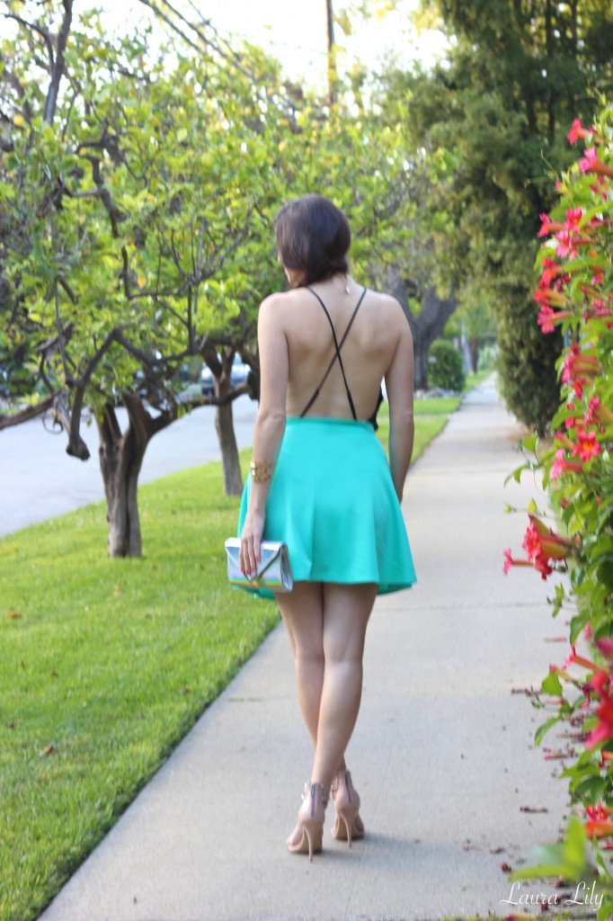 Romantic Mint, LA Fashion Blogger Laura Lily, pretty date night outfits, sexy date night outfits, 2020Ave mint scuba skirt, black chiffon backless body suite, studded Steve Madden sandals, Julie Vos gold cuff, 