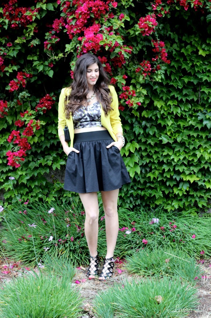 Date Night,spring style, how to wear a crop top, baroque sunglasses, budget style, street style, laura lily, laura yazdi, los angeles fashion blogger, remixing your wardrobe. prabal gurung for target lace-up heels, yellow cropped blazer, 