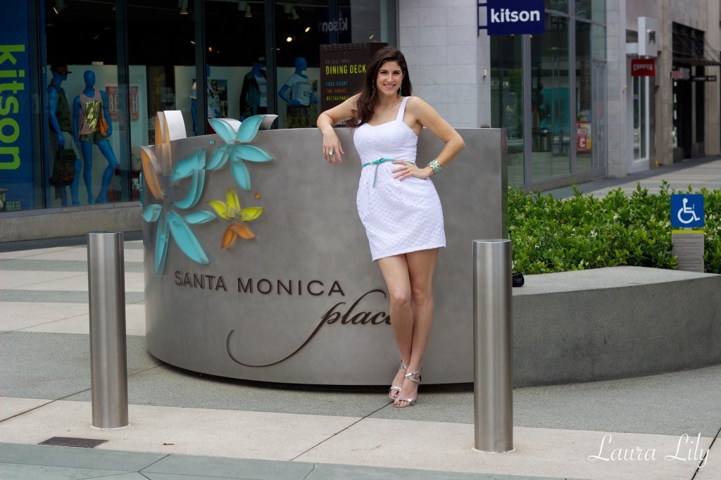 Charlotte Russe Style Challenge,los angeles budget fashion blogger, santa monica place mall photos, laura lily fashion blog, laura yazdi blog, charlotte russe white dress, silver strappy high heels 