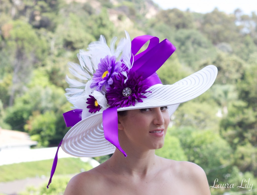 DIY Derby Days Hat, purple derby hat, Laura lily fashion blog, Del Mar Racetrack outfit, what to wear to the racetrack, - DIY Derby Hat by popular Los Angeles fashion blogger Laura Lily