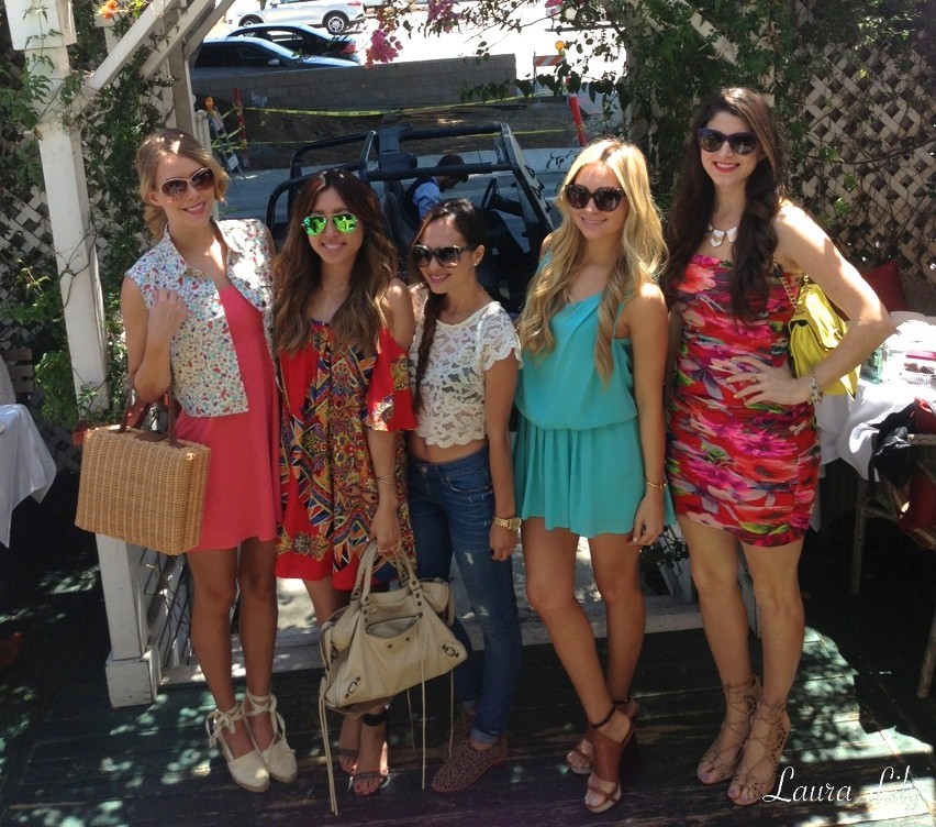 Life's a Party,Express Floral dress, yellow Olivia and Joy bag, pave link bracelet, laura yazdi , laura lily , buget blogger, perfect summer dress, beige lace up heels, los angeles fashion blogger, off vine restaurant review, nasty gal pool party, 