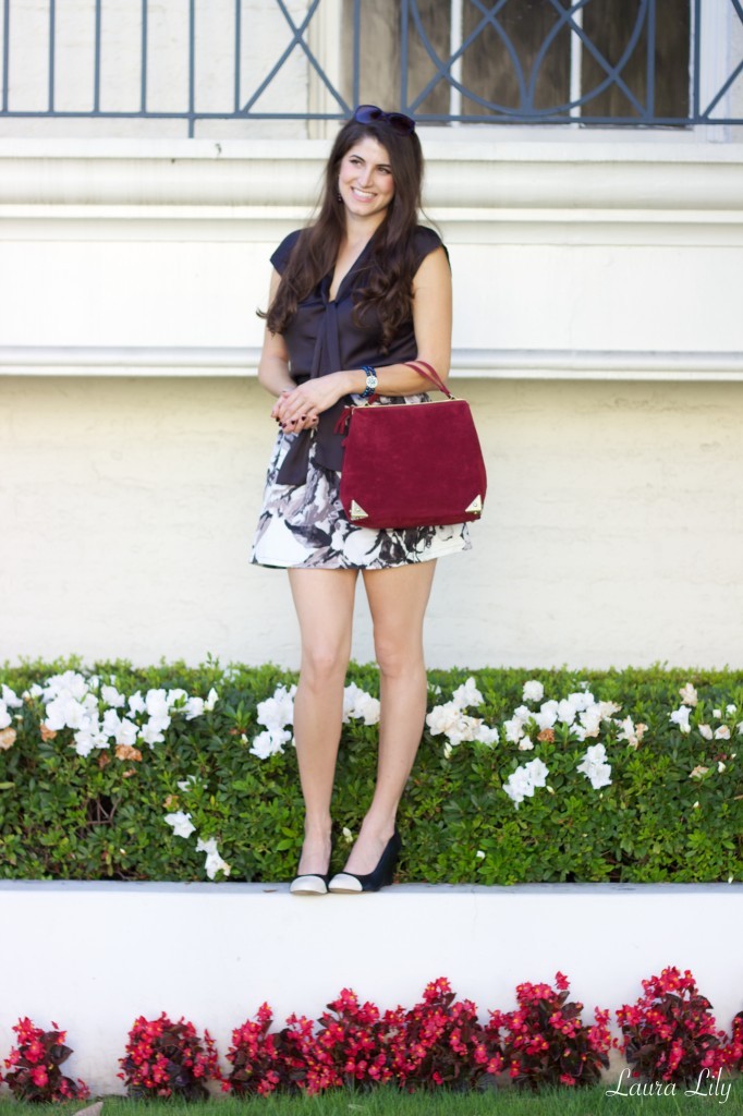 Floral Skirt  106,black and white floral skirt, Sole Society Adair cap-toe wedge heels, Just Fab burgundy bag, the plaza handbag just fab burgundy, Los Angeles fashion blogger, budget style blog, Laura Lily Fashion Blog, Laura Lily Jewelry, cool outfits for fall, the perfect brunch outfit, Marimekko Event,  