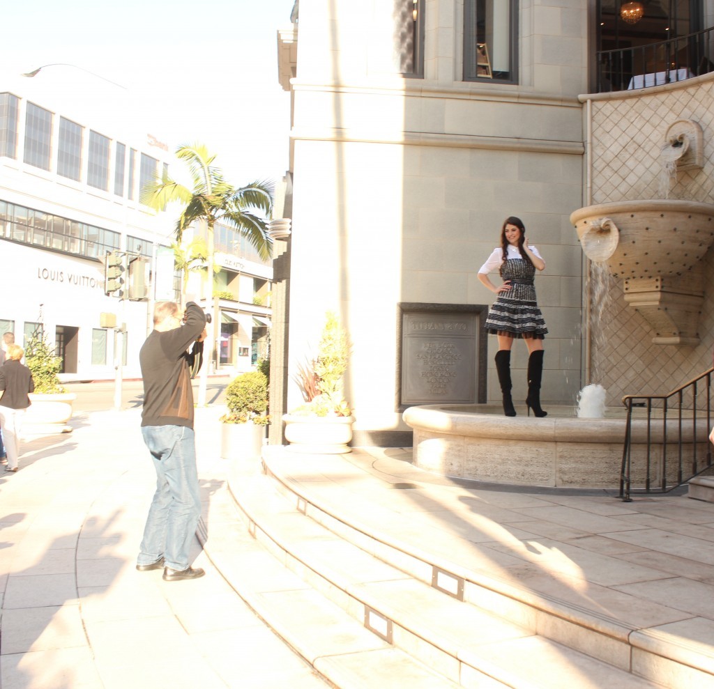 Laura Rodeo Drive 14,Los Angeles Fashion Blogger Laura Lily, Three R PHotography, Kylie Jenner, BCBGMaxazria striped dress, how to style an embellished collared shirt and Guess suede knee high boots, best fall looks for 2013, how to layer for fall, Bronze Express envelope clutch, Stella & Dot Aurora Cocktail ring, 