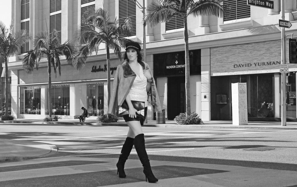 Laura Rodeo Drive 27,Guess black suede knee high boots, Rodeo Drive Beverly HIlls photo shoot,black faux leather skirt Guess, black newsboy cap hat with chain, Los angeles fashion blogger Laura Lily, three r photography, pretty woman outfit, Next UK grey suede jacket, - Pretty Woman Outfit by popular Los Angeles fashion blogger Laura Lily 
