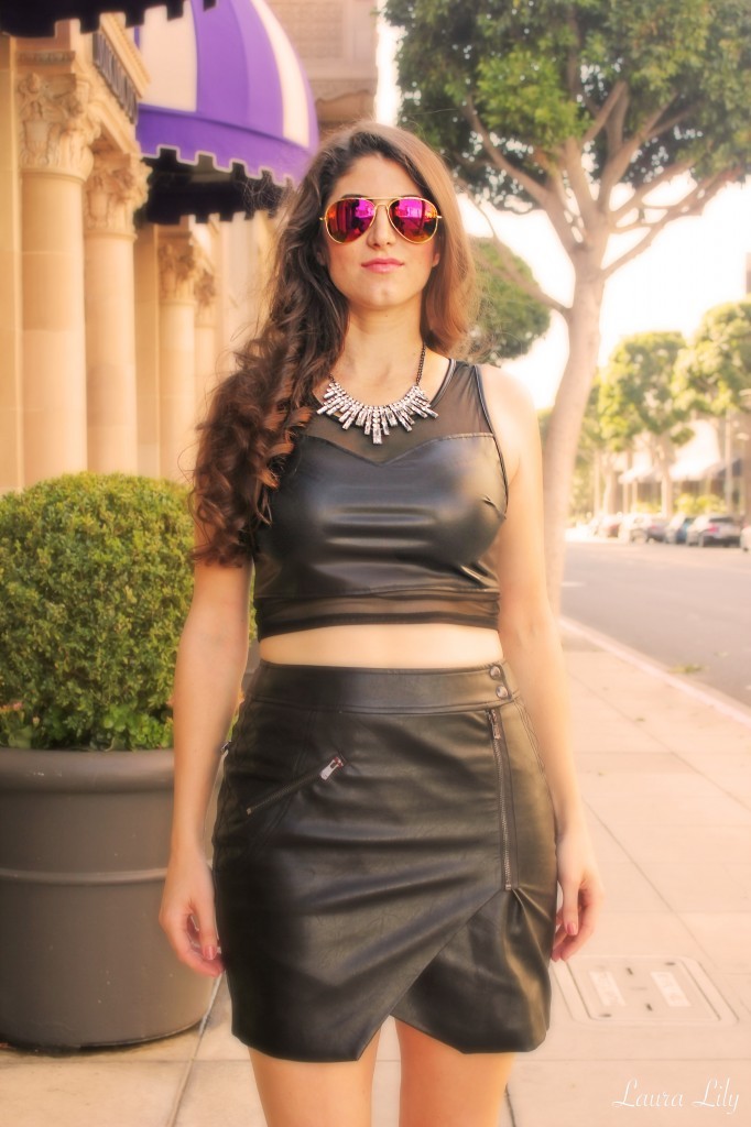 Rodeo Drive,LA Fashion BLogger Laura Lily, budget style blog, guess faux leather moto wrap skirt, Schutz cage booties, express neon pink blazer, see you monday faux leather crop top, Three R Photography, how to style a faux leather skirt, 