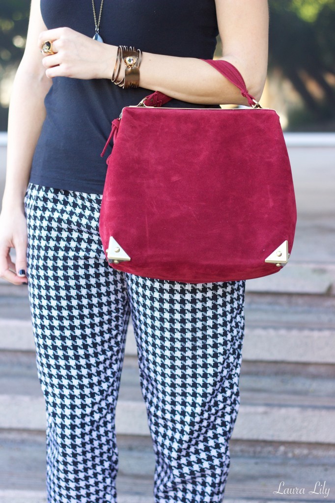 Sleek & Sophisticated 12,laura lily fashion blog, laura yazdi budget style fashion blogger,los angeles fashion blogger, the plaza handbag just fab burgundy, Margaux just fab bootie black suede, ankle length mossimo Target houndstooth pant, 