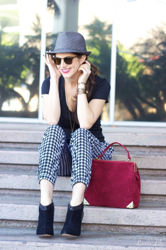 Sleek & Sophisticated 18,laura lily fashion blog, laura yazdi budget style fashion blogger,los angeles fashion blogger, the plaza handbag just fab burgundy, Margaux just fab bootie black suede, ankle length mossimo Target houndstooth pant, 