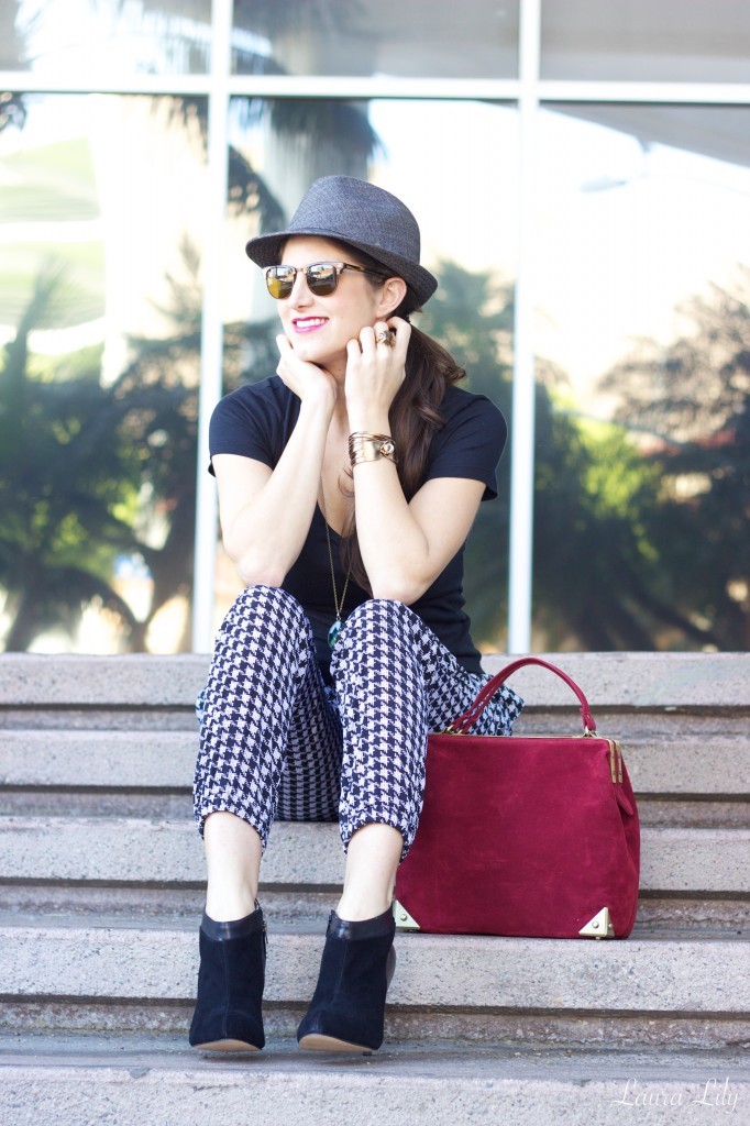 Sleek & Sophisticated 20,laura lily fashion blog, laura yazdi budget style fashion blogger,los angeles fashion blogger, the plaza handbag just fab burgundy, Margaux just fab bootie black suede, ankle length mossimo Target houndstooth pant, 
