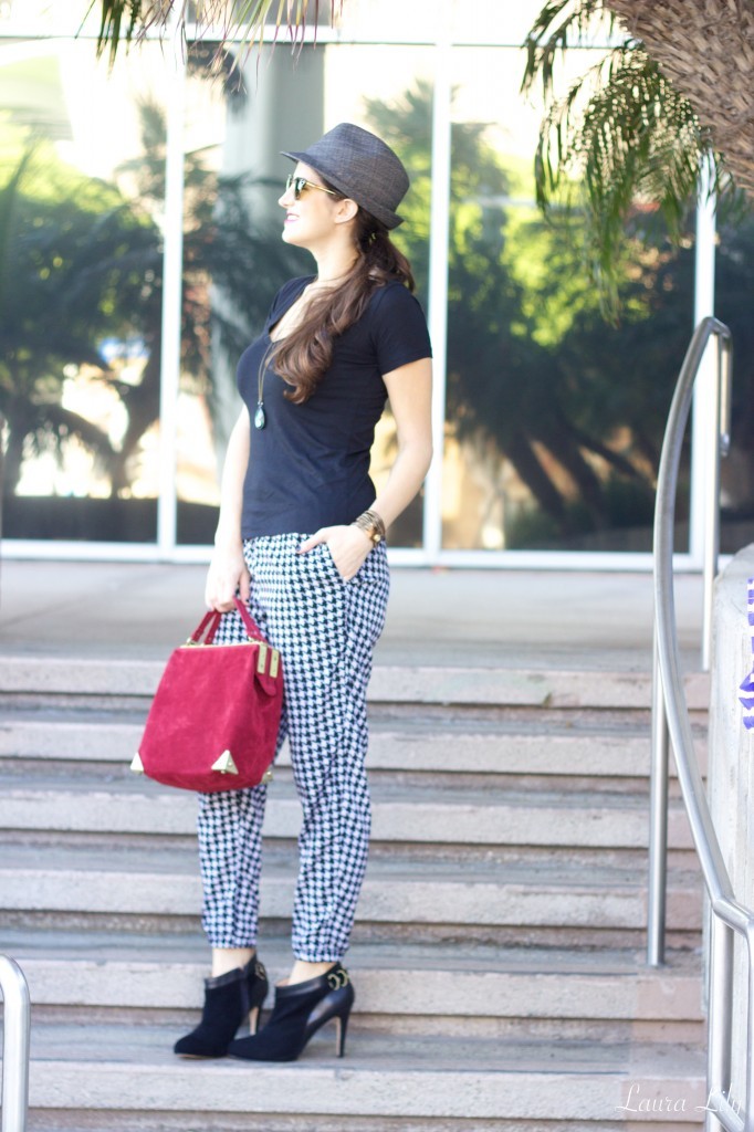 Sleek & Sophisticated 25,laura lily fashion blog, laura yazdi budget style fashion blogger,los angeles fashion blogger, the plaza handbag just fab burgundy, Margaux just fab bootie black suede, ankle length mossimo Target houndstooth pant, 