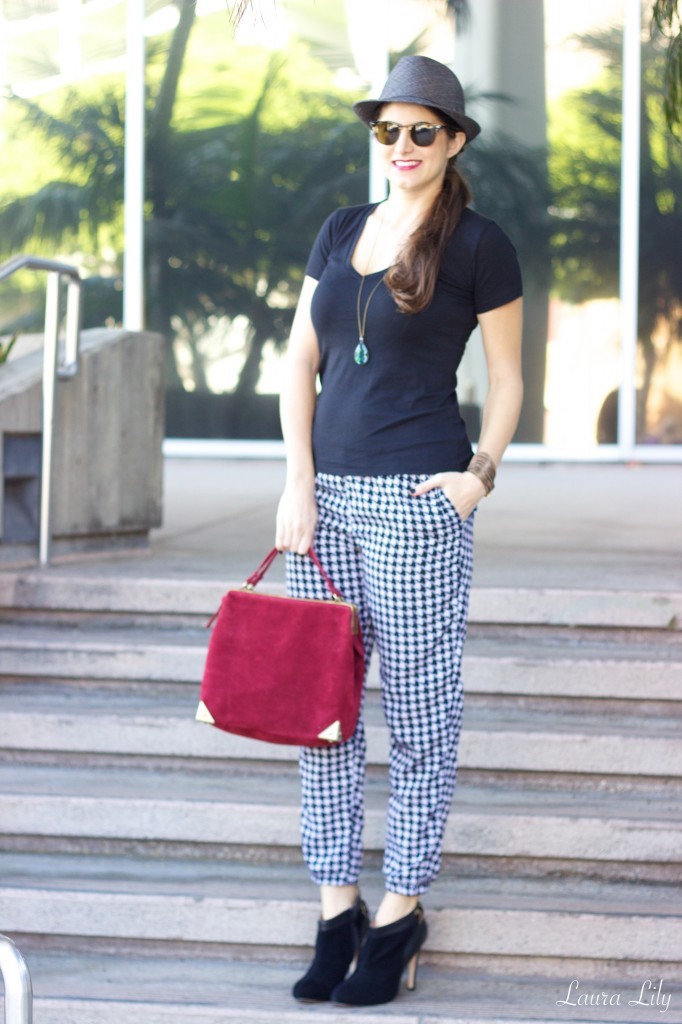 Sleek & Sophisticated 3,laura lily fashion blog, laura yazdi budget style fashion blogger,los angeles fashion blogger, the plaza handbag just fab burgundy, Margaux just fab bootie black suede, ankle length mossimo Target houndstooth pant, 