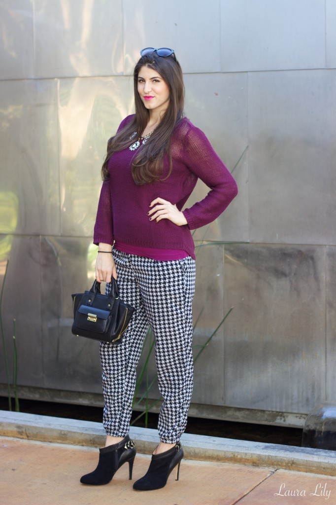 Sweater Weather 4 (1),Sweater Weather, LA Fashion BLogger Laura Lily, budget style blog. great fall fashion ideas, how to wear a bulky sweater, houndstooth pants, the best black ankle booties, Just Fab Margeaux ankle booties, 3.1 Phillip Lim for Target Mini Satchel,  