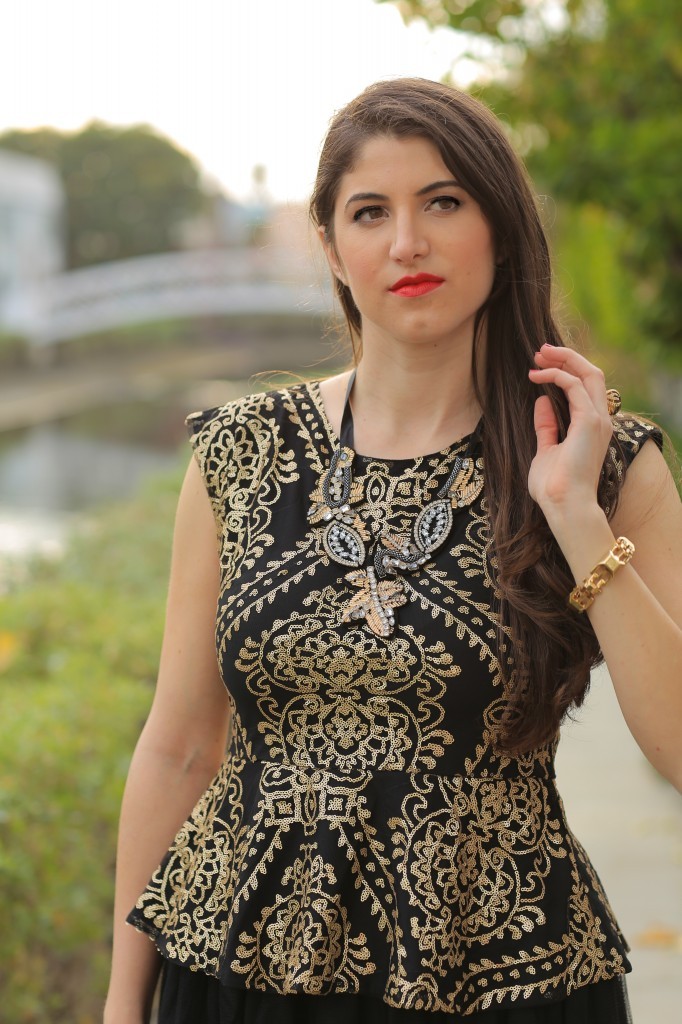 12 Days of Holiday Style: Outfit 12, LA fashion blogger Laura lily, how to style a tulle skirt, Karmaloop sequin top, Jeffrey Campbell beloved gold chain pumps, ShopLately gold box clutch, Mark statement necklace, perfect holiday outfits 