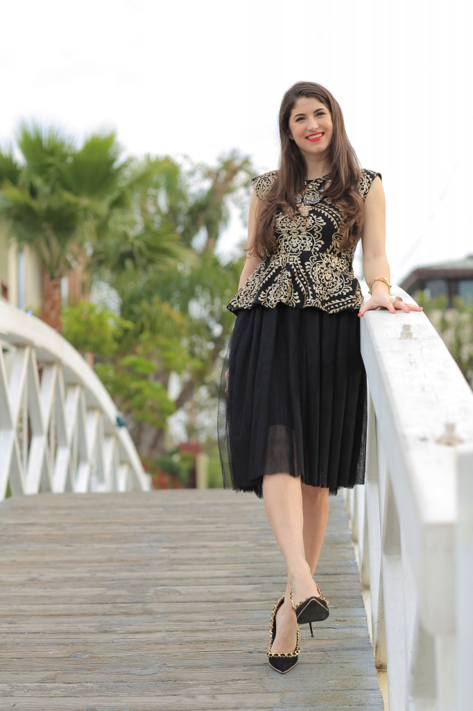 12 Days of Holiday Style: Outfit 12, LA fashion blogger Laura lily, how to style a tulle skirt, Karmaloop sequin top, Jeffrey Campbell beloved gold chain pumps, ShopLately gold box clutch, Mark statement necklace, perfect holiday outfits 