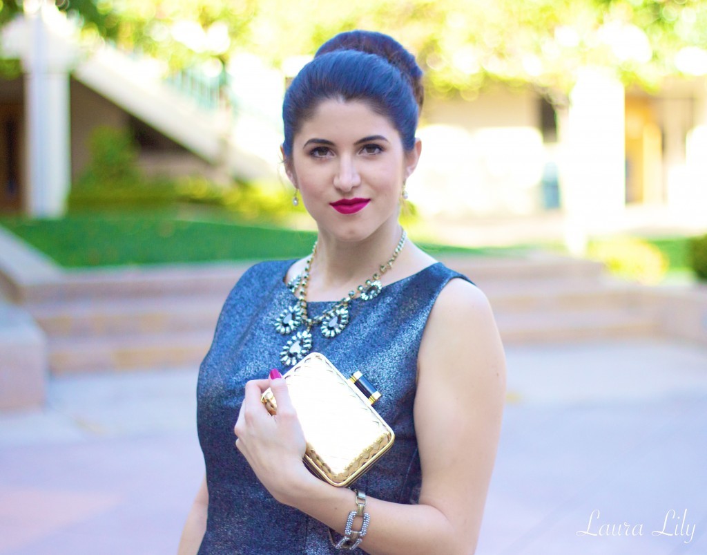 12 Days of Holiday Style ,LA Fashion Blogger Laura Lily, silver metallic bar iii macys dress, gold and black shoplately clutch, burgundy suede nine west heels, what to wear to a holiday party, sock bun, 6