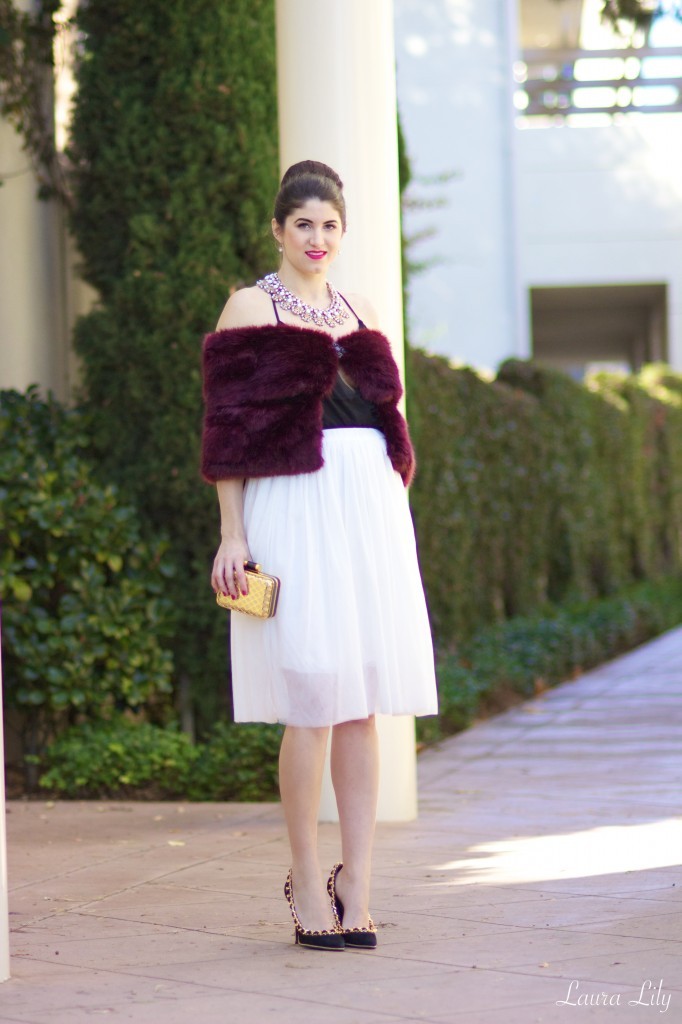 12 Days of Holiday Style ,LA Fashion Blogger Laura Lily, white tulle skirt, gold ShopLately box clutch, Jeffrey Campbell gold chain heels, DIY burgundy faux fur caplet, )
