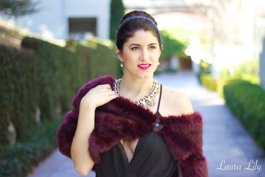 12 Days of Holiday Style ,LA Fashion Blogger Laura Lily, white tulle skirt, gold ShopLately box clutch, Jeffrey Campbell gold chain heels, DIY burgundy faux fur caplet, 