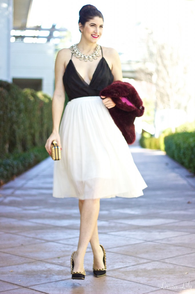 12 Days of Holiday Style ,LA Fashion Blogger Laura Lily, white tulle skirt, gold ShopLately box clutch, Jeffrey Campbell gold chain heels, DIY burgundy faux fur caplet, 