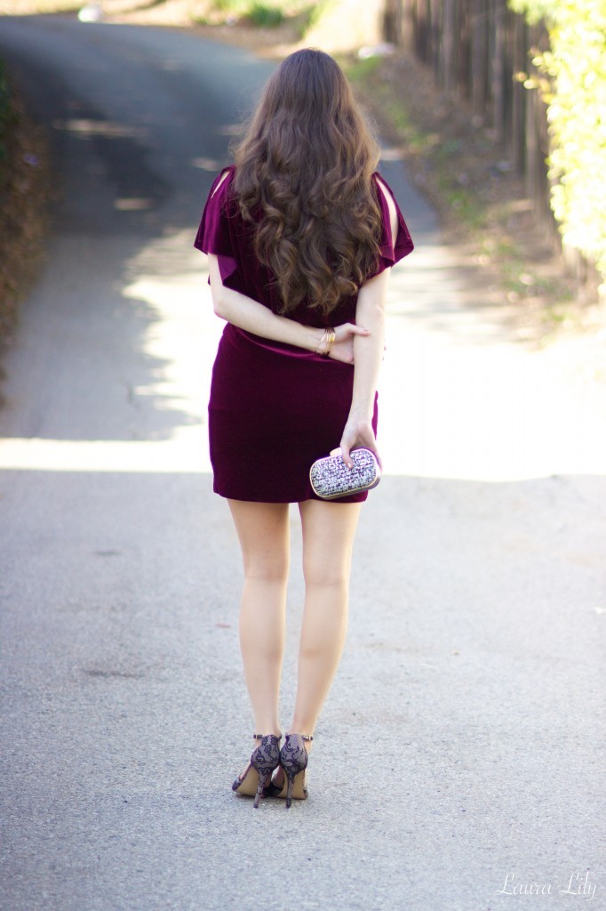 12 Days of Holiday Style, LA Fashion BLogger Laura Lily, Burgundy Velvet Jessica Simposon Dress, Gold tweed Express box clutch, lace Nicola Sole Society heels, Capwell & Co. jewelry, Chloe and Isabel gold bangles jewelry, one dress two ways, 
