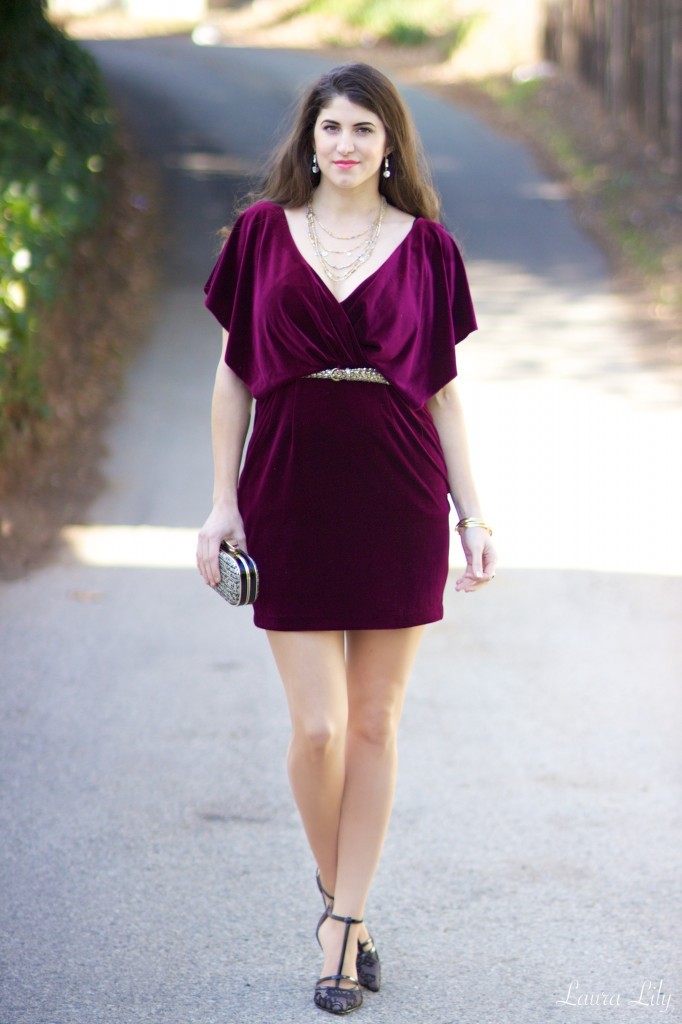 12 Days of Holiday Style, LA Fashion BLogger Laura Lily, Burgundy Velvet Jessica Simposon Dress, Gold tweed Express box clutch, lace Nicola Sole Society heels, Capwell & Co. jewelry, Chloe and Isabel gold bangles jewelry, one dress two ways, )