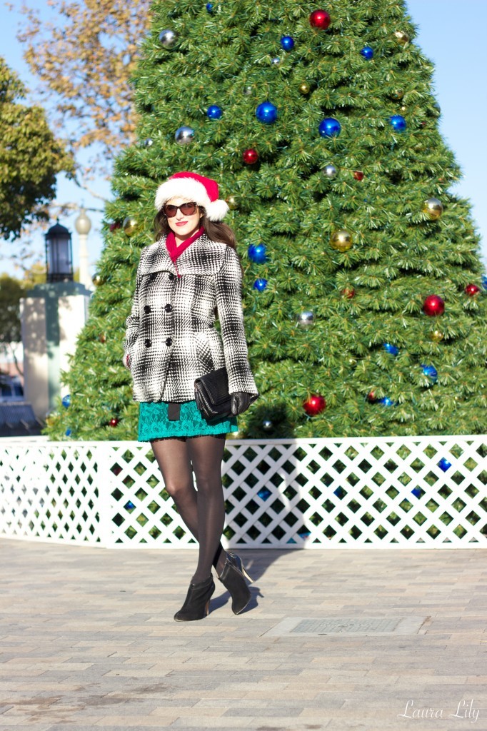 Holiday Style 5 & 6 22,12 Days of Holiday Style  Outfit 5, LA Fashion Blogger Laura Lily, What to wear to a holiday party, what to wear to an office party, cute holiday party outfit, Express Lace green dress, black and white winter coat,  