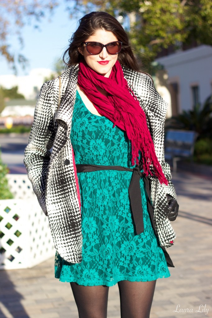 Holiday Style 5 & 6 29,12 Days of Holiday Style  Outfit 5, LA Fashion Blogger Laura Lily, What to wear to a holiday party, what to wear to an office party, cute holiday party outfit, Express Lace green dress, black and white winter coat,  