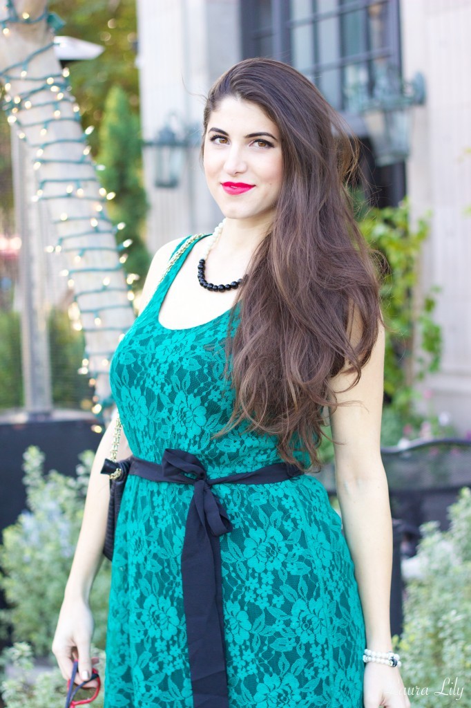 Holiday Style 5 & 6 59,12 Days of Holiday Style  Outfit 5, LA Fashion Blogger Laura Lily, What to wear to a holiday party, what to wear to an office party, cute holiday party outfit, Express Lace green dress, black and white winter coat,  