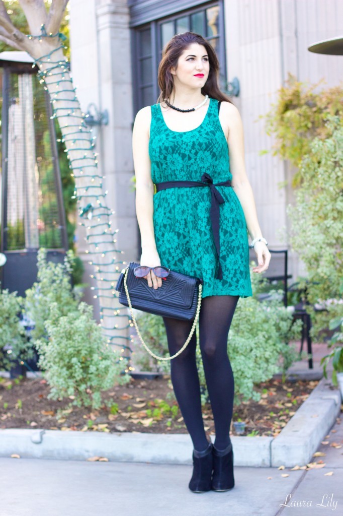 Holiday Style 5 & 6 60,12 Days of Holiday Style  Outfit 5, LA Fashion Blogger Laura Lily, What to wear to a holiday party, what to wear to an office party, cute holiday party outfit, Express Lace green dress, black and white winter coat,  
