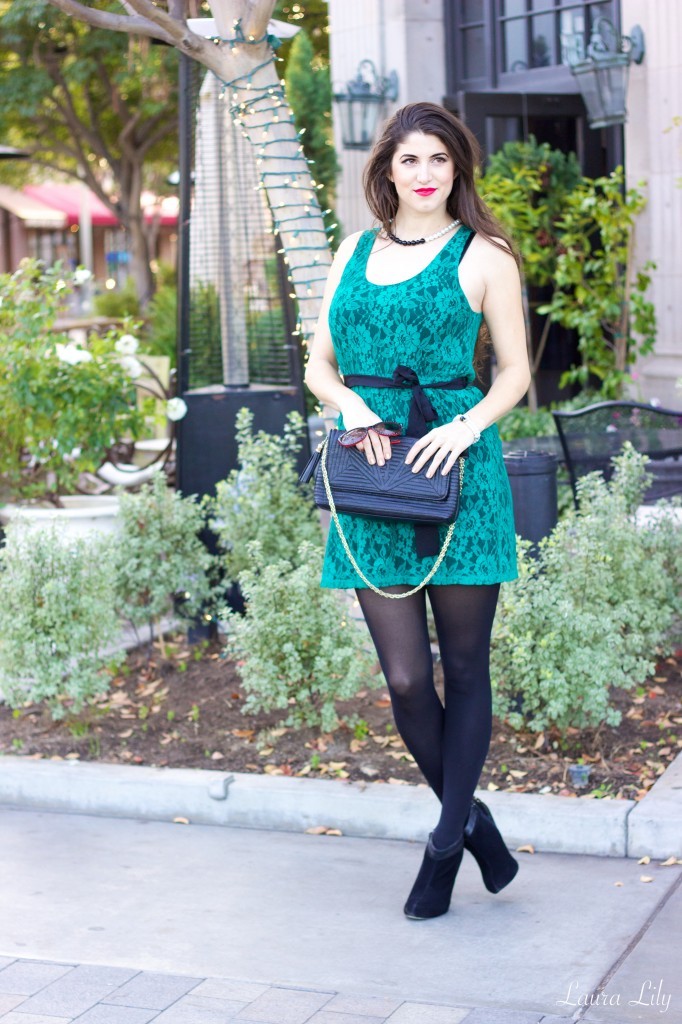 Holiday Style 5 & 6 62,12 Days of Holiday Style  Outfit 5, LA Fashion Blogger Laura Lily, What to wear to a holiday party, what to wear to an office party, cute holiday party outfit, Express Lace green dress, black and white winter coat,  