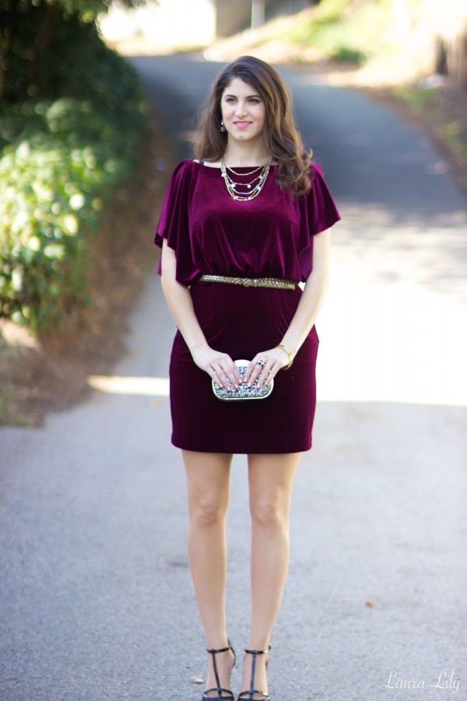 12 Days of Holiday Style, LA Fashion BLogger Laura Lily, Burgundy Velvet Jessica Simposon Dress, Gold tweed Express box clutch, lace Nicola Sole Society heels, Capwell & Co. jewelry, Chloe and Isabel gold bangles jewelry, one dress two ways, 