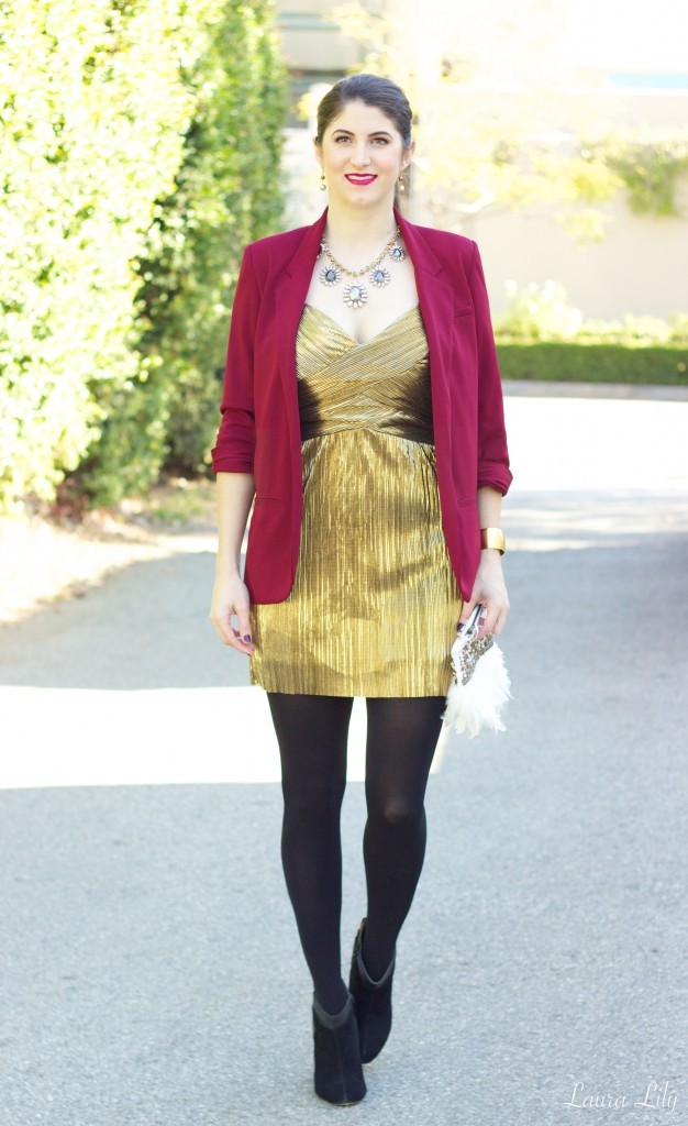 NYE Gold Dress 54,New Year's Eve Outfit- The Gold Dress, LA Fashion Blogger Laura Lily, white feather Anthropologie clutch, gold dress, what to wear for new years eve, cute new years eve dresses, new years oufit ideas, Just Fab black booties, forever 21burgundy blazer