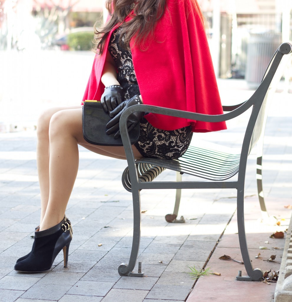 12 Days of Holiday Style: Outfit 9, LA Fashion Blogger Laura Lily, DIY cape, kate middleton style, just fab black booties, Target embellished gloves,what to wear to a holiday party, the best holiday outfits,   