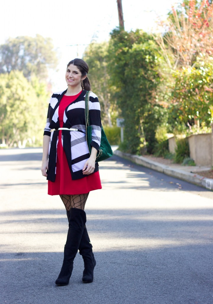 12 Days of Holiday Style: Outfit 10, LA Fashion Blogger laura Lily, black suede Guess knee high boots, holiday party outfit ideas, what to wear to a holiday dinner party, cute winter looks, green suede Bijuju bag, No Nonsense tights, Laura Lily Jewelry 