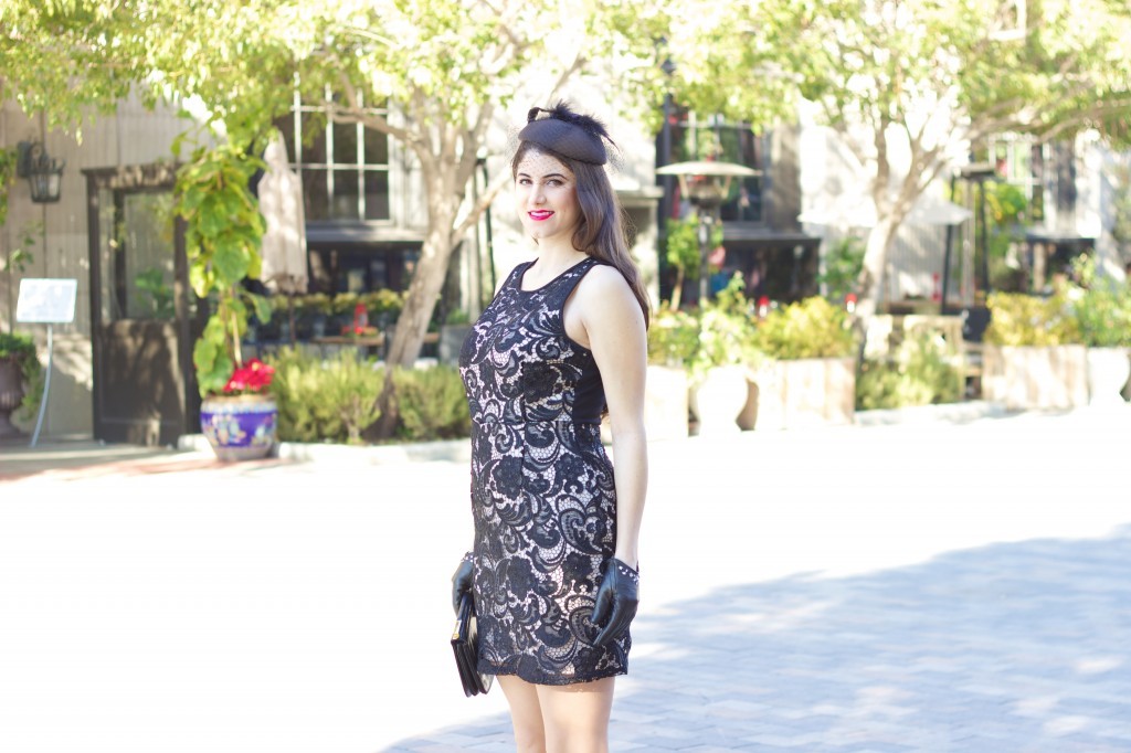 12 Days of Holiday Style: Outfit 9, LA Fashion Blogger Laura Lily, DIY cape, kate middleton style, just fab black booties, Target embellished gloves,what to wear to a holiday party, the best holiday outfits,kate middleton fascinator   