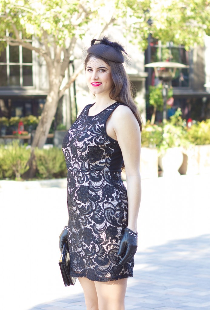 O12 Days of Holiday Style: Outfit 9, LA Fashion Blogger Laura Lily, DIY cape, kate middleton style, just fab black booties, Target embellished gloves,kate middleton fascinator,what to wear to a holiday party, the best holiday outfits,