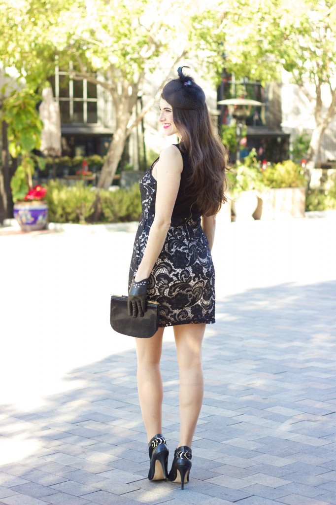 O12 Days of Holiday Style: Outfit 9, LA Fashion Blogger Laura Lily, DIY cape, kate middleton style, just fab black booties, Target embellished gloves,what to wear to a holiday party, the best holiday outfits,kate middleton fascinator,   