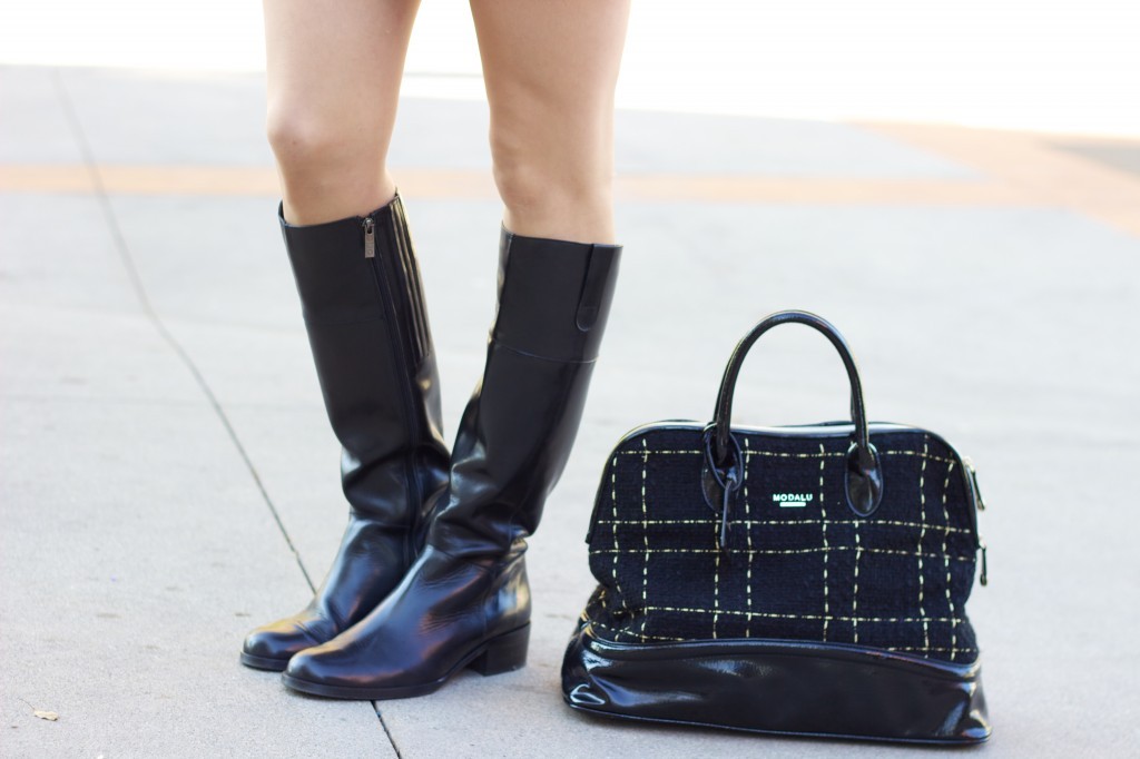 12 Days of Holiday Style: Outfit 8 , LA Fashion Blogger Laura Lily, tweed patent leather Modalu England bag, Duo leather knee high riding boots, what to wear to work, holiday outfit ideas, 