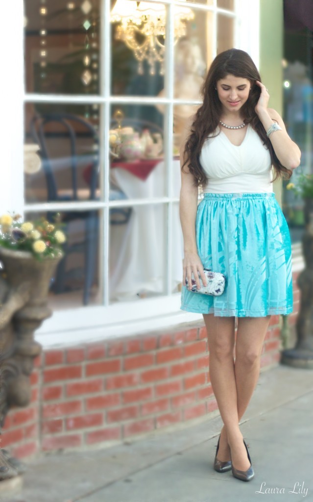 Tea Party attire, what to wear to a tea party, LA Fashion Blogger Laura Lily, Velvet M Dot Design Skirt, Laura Lily Jewelry pearl necklace, floral box clutch Shop Lately, 