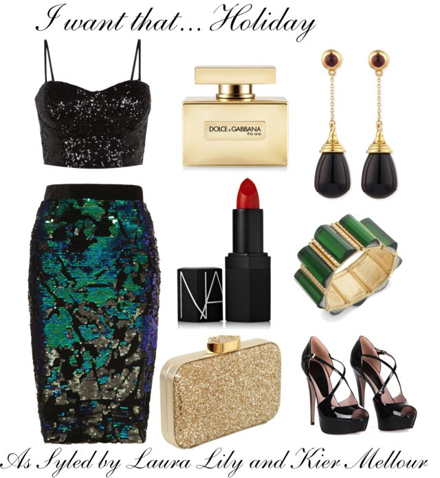 I want that... Holiday,I want That Holiday , LA fashion BLogger Laura Lily and Kier Mellour, Top Shop Sequin and velvet skirt, black sequin bralette top, chain drop earrings Neiman Marcus, Gucci black patent peep toe pumps, sole society nicola heels, 