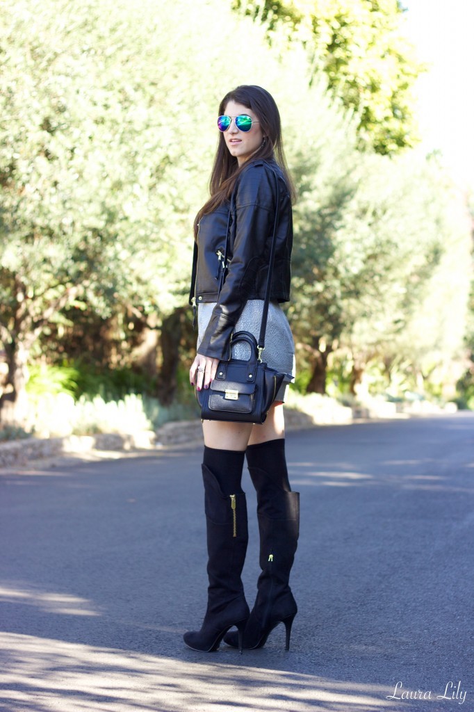 Thigh high boots  13,metallic silver Skirt, LA Fashion BLogger Laura Lily, affordable Fashion blog, Striped Express top,