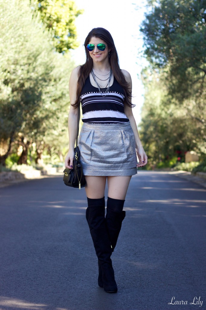 Thigh high boots  34,metallic silver Skirt, LA Fashion BLogger Laura Lily, affordable Fashion blog, Striped Express top,