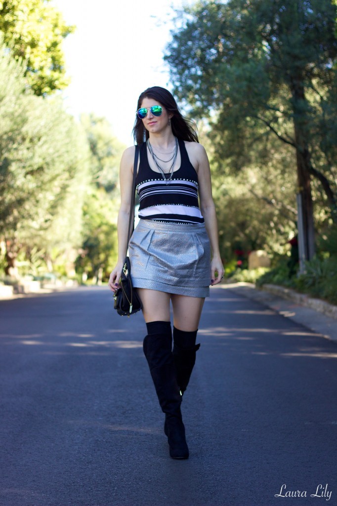 Thigh high boots  43,metallic silver Skirt, LA Fashion BLogger Laura Lily, affordable Fashion blog, Striped Express top,