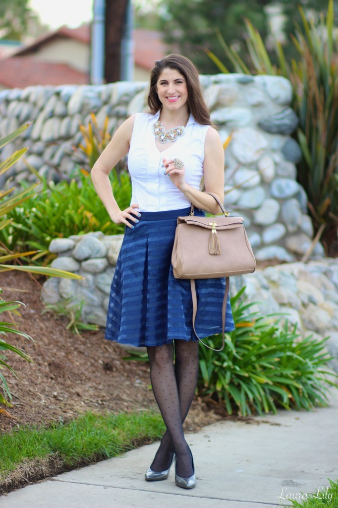 LA Fashion Blogger Laura Lily, 1 State blue stripped skirt, eat sleep wear blog,Nordstrom South Coast Plaza, affordable fashion blog, cute wear to work outfits, Kixies Thigh Highs, 