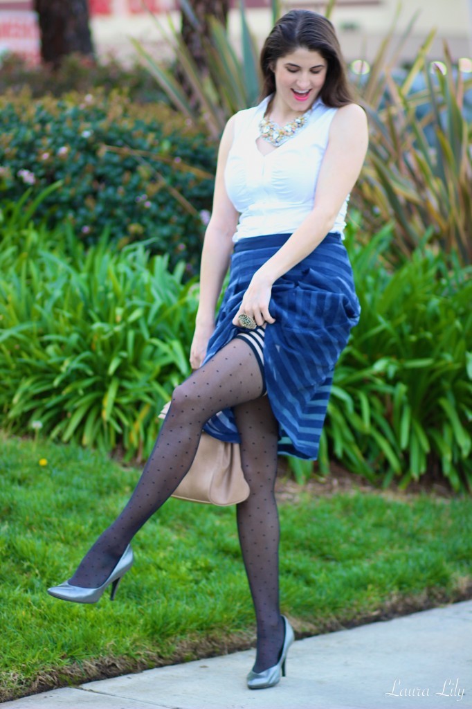 LA Fashion Blogger Laura Lily, 1 State blue stripped skirt, Nordstrom South Coast Plaza, affordable fashion blog, cute wear to work outfits, Kixies Thigh Highs, 