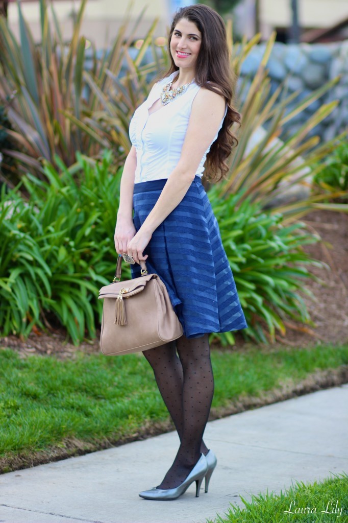 1 State  79,LA Fashion Blogger Laura Lily, 1 State blue stripped skirt, Nordstrom South Coast Plaza, affordable fashion blog, cute wear to work outfits, Kixies Thigh Highs, 