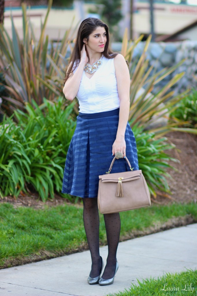 LA Fashion Blogger Laura Lily, 1 State blue stripped skirt, eat sleep wear blog,Nordstrom South Coast Plaza, affordable fashion blog, cute wear to work outfits, Kixies Thigh Highs, 