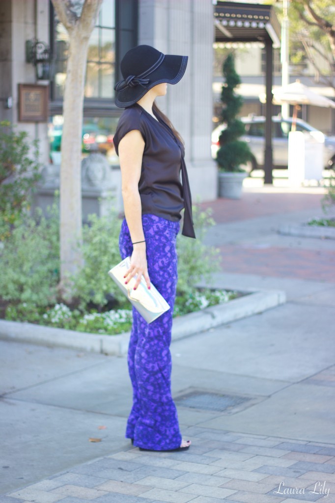 Purple Pants, LA Fashion Blogger Laura Lily, black floppy hat Dynamic Asia, affordable fashion blog, Aldo holographic clutch, cute wear to work outfits, 